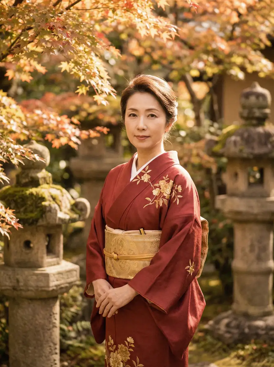 一位身穿暗红色和服的优雅 彩神通平台 在日式庭院中