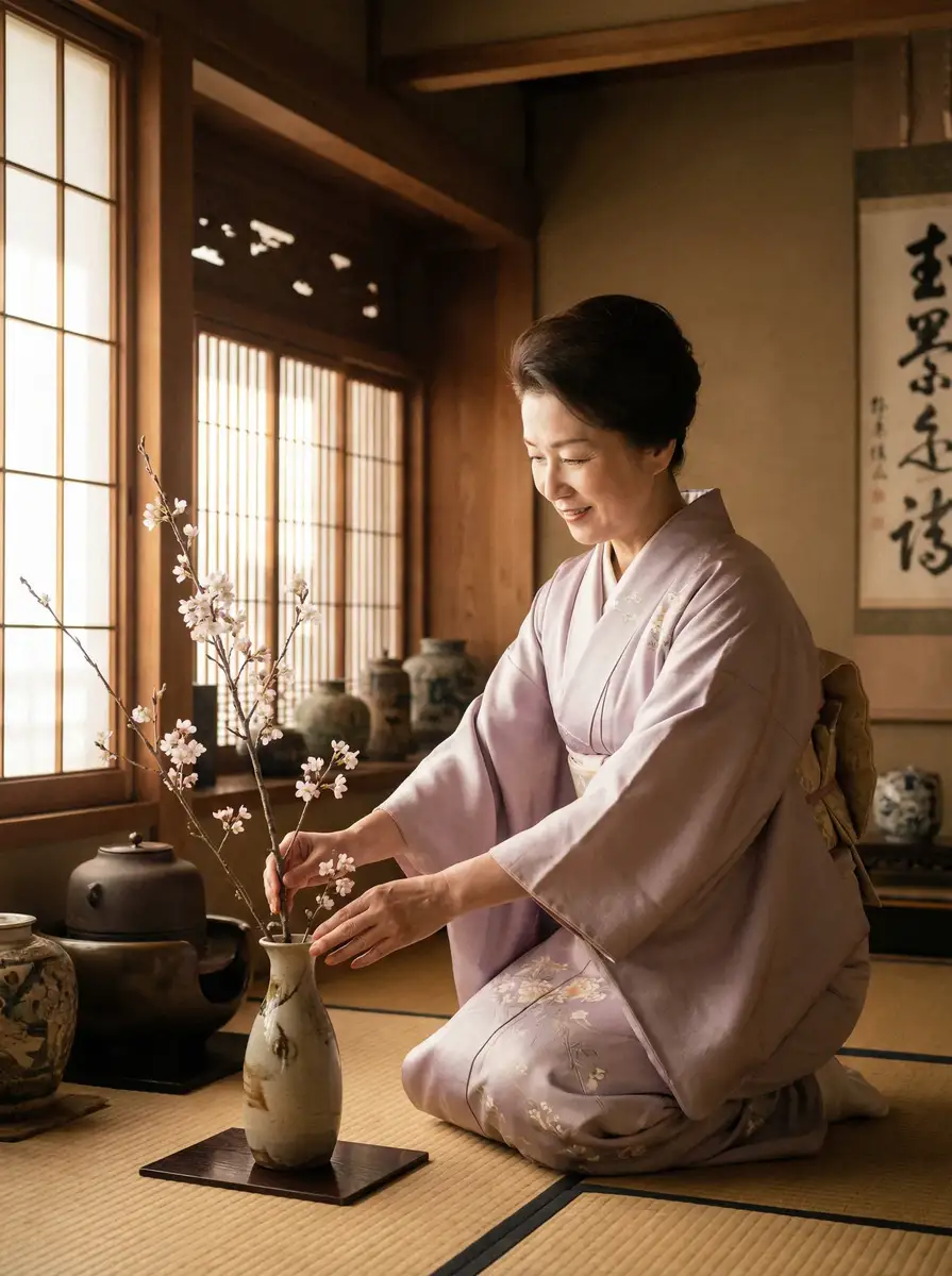 一位优雅的 彩神通平台 在和室中插花
