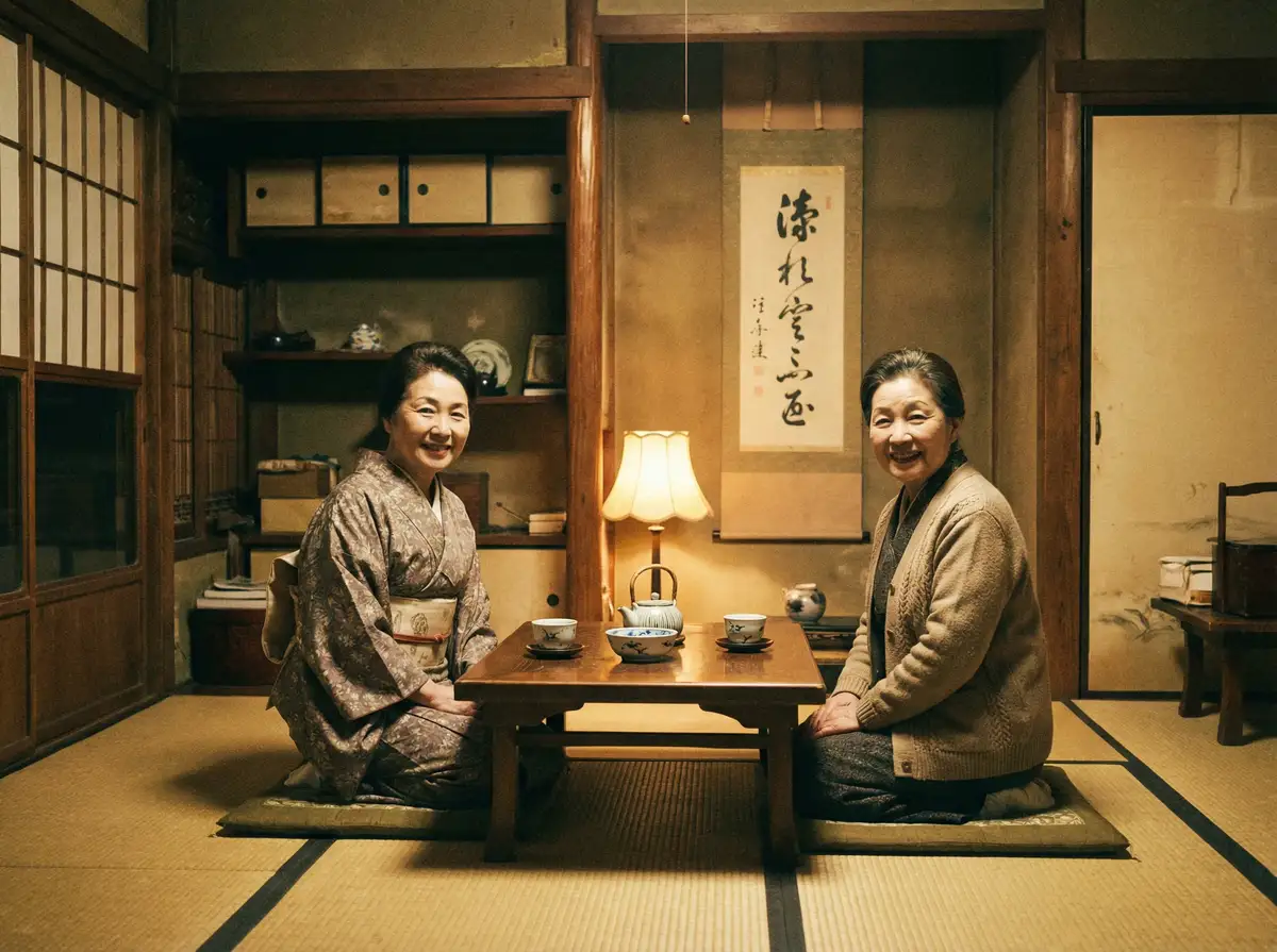 两位优雅的 彩神通平台 在日式茶室中品茶交谈